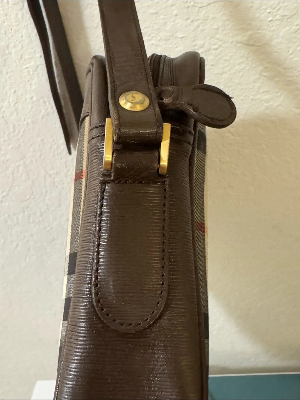 Burberry Beige Nova Check Brown Leather Messenger Bag